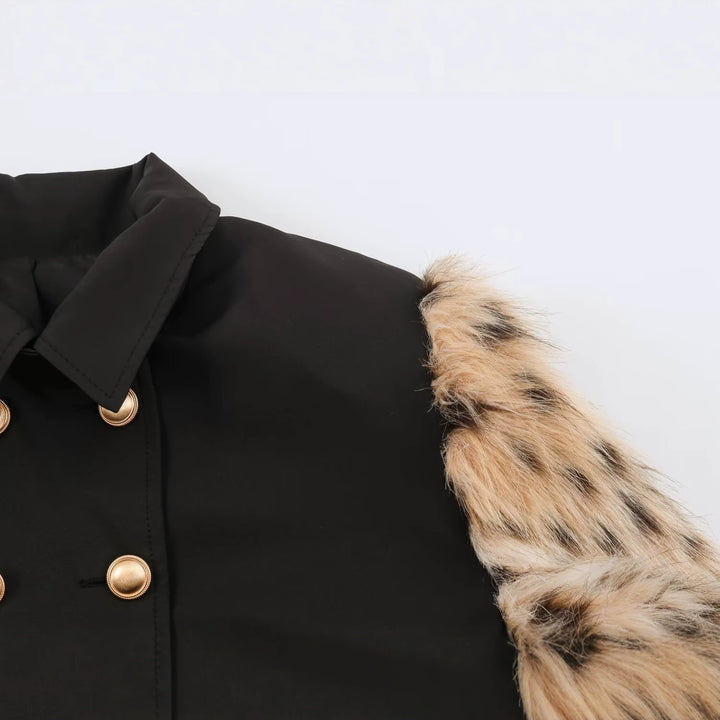 Damen Doppelreihige Kurzjacke mit Kunstfellärmeln Drune