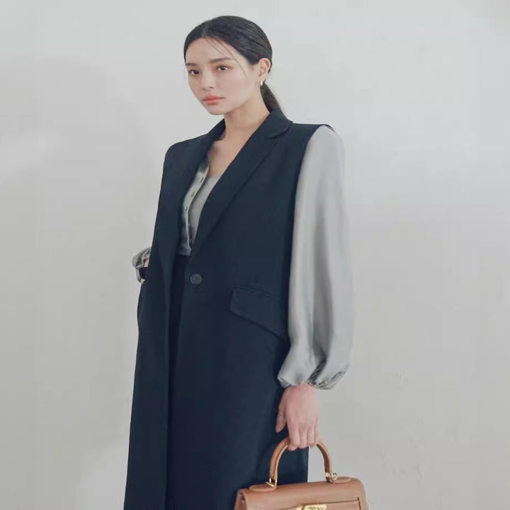 Damen Ärmellose Longweste im Tailoring mit Pattentaschen und einreihiger Knopfleiste Drune