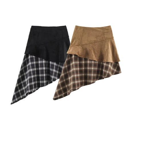 Damen Asymmetrischer Lagenrock mit Kunstleder-Oberschürze und kariertem Chiffon-Volant Drune