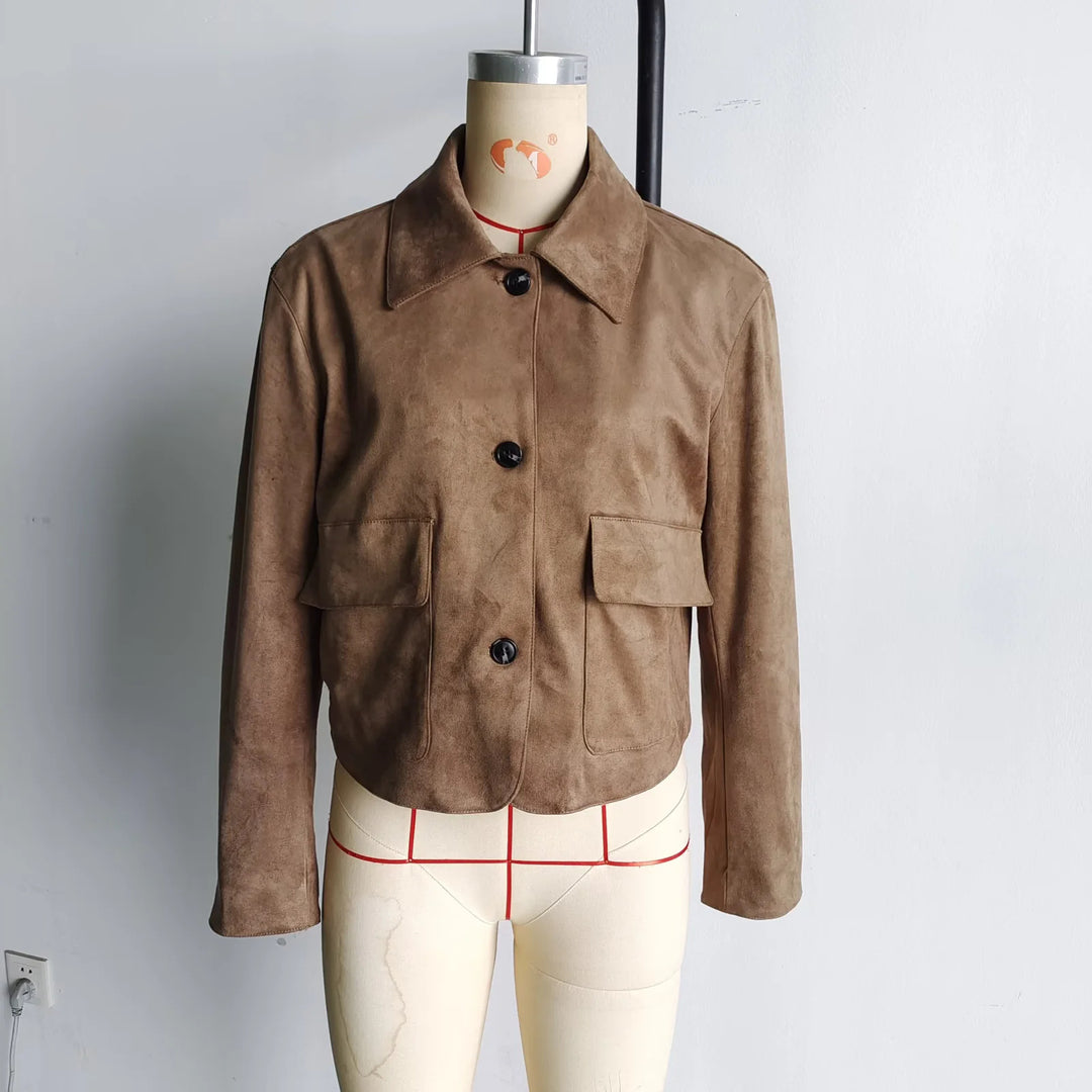 Damen nan cropped Hemdblouson aus Mikrofaser‑Velours mit großen Klappentaschen Drune