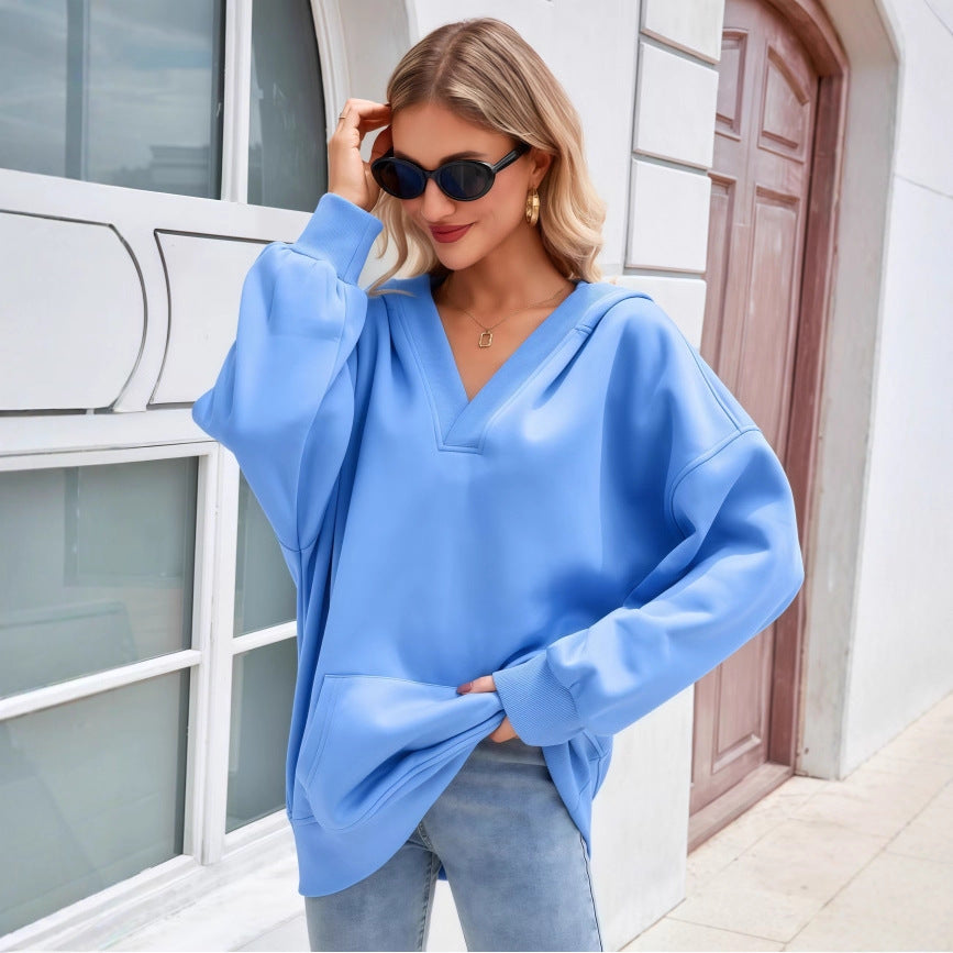 Damen Oversize V-Ausschnitt Hoodie mit Kapuze, Kängurutasche und verlängertem Saum Drune