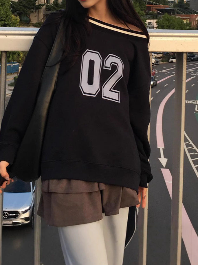 Damen lässiger Oversized Pullover mit sportlichem Print Drune