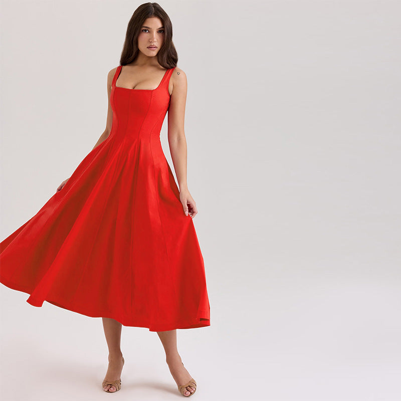 Damen elegantes Maxikleid mit quadratischem Ausschnitt und fließendem Rock Drune