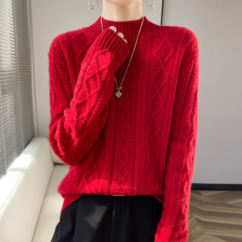 Damen Kuscheliger Mohair‑Optik Mockneckpullover mit Rautenzopfstruktur und kastiger Silhouette Drune