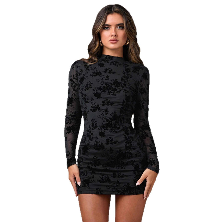 Damen nan figurbetontes Mesh-Minikleid mit floraler Samtflock-Verzierung, hohem Stehkragen und seitlicher Raffung Drune