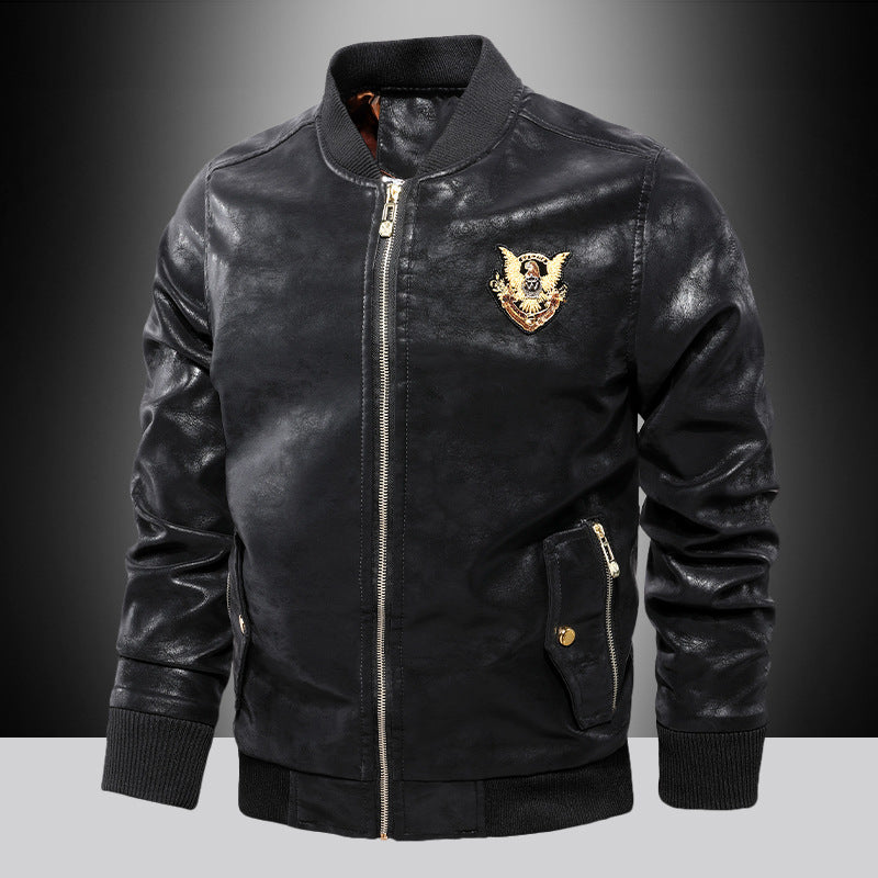 Herren Lederoptik Bomberjacke mit Stickbadge, Rippbündchen und Gold-Details Drune