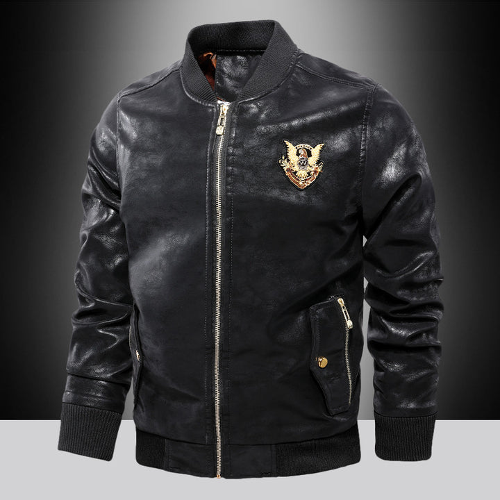 Herren Lederoptik Bomberjacke mit Stickbadge, Rippbündchen und Gold-Details Drune