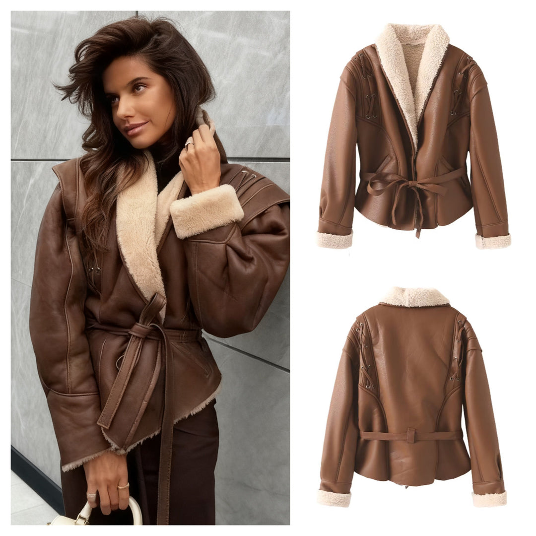 Damen Kunstlederjacke mit luxuriösem Teddyfutter und kunstvollen Schnürdetails Drune