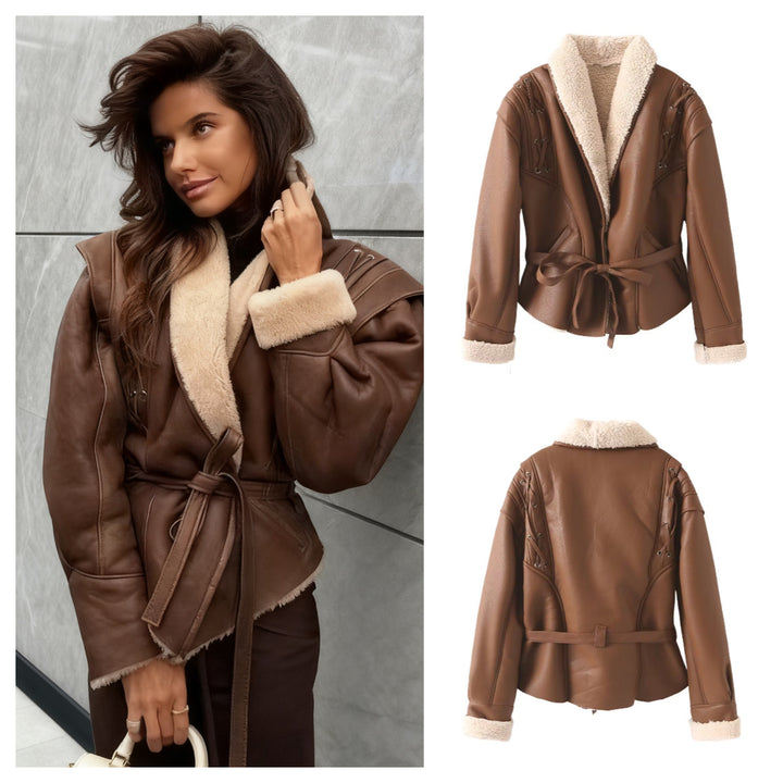 Damen Kunstlederjacke mit luxuriösem Teddyfutter und kunstvollen Schnürdetails Drune