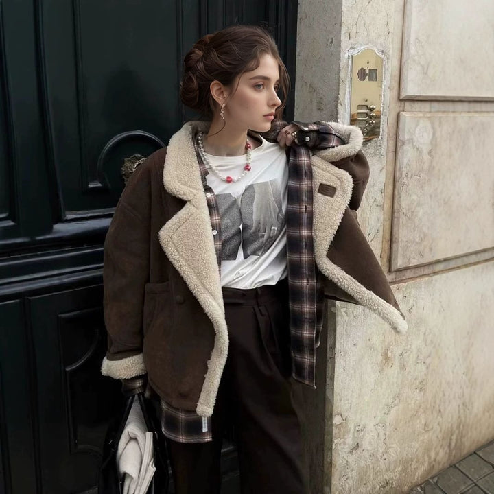 Damen kuschelige Wildlederjacke mit weichem Futter und breitem Kragen Drune