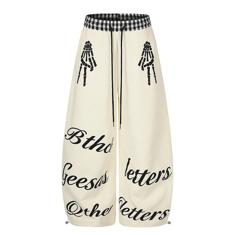 Damen Extraweite Palazzo-Sweathose mit Karo-Komfortbund, Tunnelzug und Skelett-Print Drune