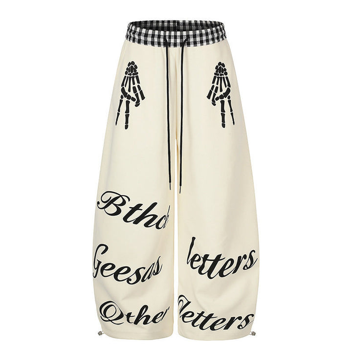 Damen Extraweite Palazzo-Sweathose mit Karo-Komfortbund, Tunnelzug und Skelett-Print Drune