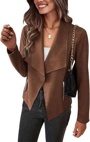 Damen Velourslederimitat-Wasserfallblazer mit asymmetrischem Saum und Reißverschlusstaschen Drune