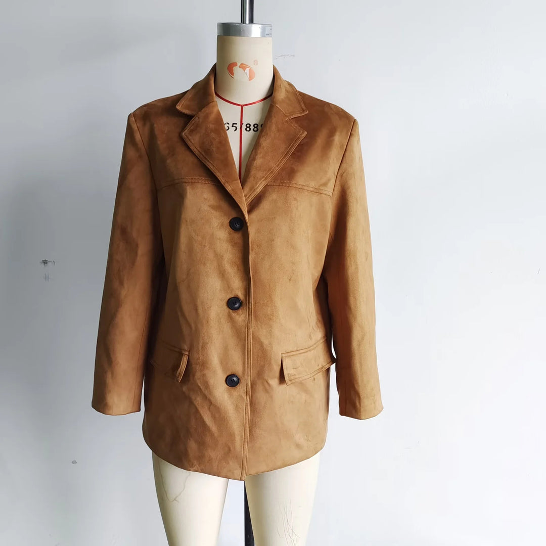 Damen nan kurzer Veloursleder Mantelblazer mit Reverskragen und aufgesetzten Pattentaschen Drune