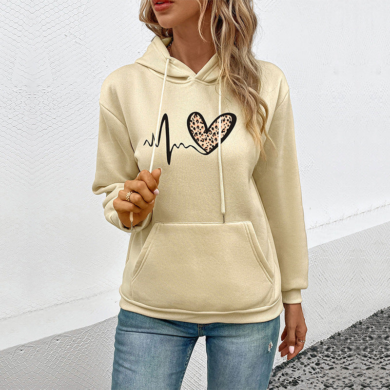 Damen Kapuzenpullover mit Herz‑EKG‑Print, Kängurutasche und lockerer Passform Drune
