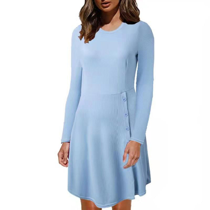 Damen Geripptes A‑Linien Kleid mit Rundhalsausschnitt, langen Ärmeln und seitlicher Knopfleiste Drune