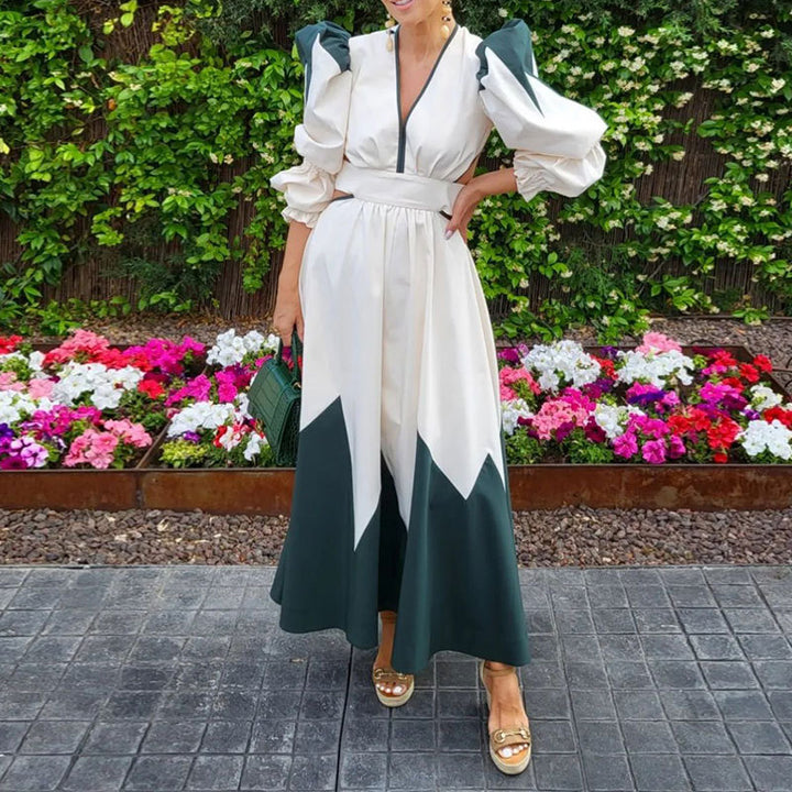 Damen Maxikleid mit ballettartigen Puffärmeln und V-Ausschnitt Drune