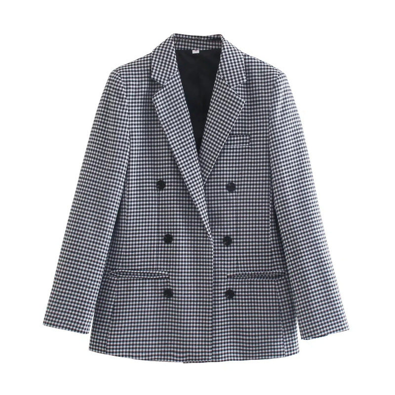 Damen kariertes Blazerjacke mit doppelter Knopfreihe und idealem Schnitt Drune