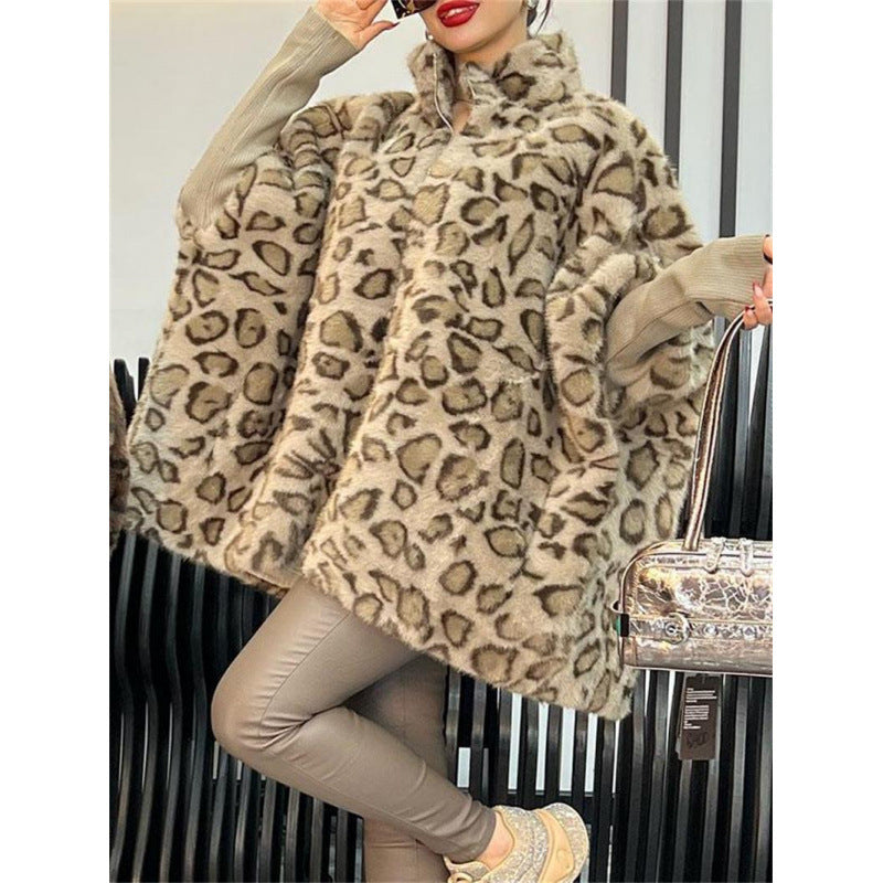 Damen Elegante Plüschjacke mit Leopardenmuster und hohem Kragen Drune