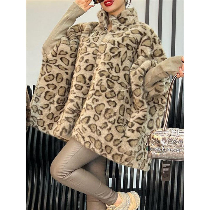 Damen Elegante Plüschjacke mit Leopardenmuster und hohem Kragen Drune