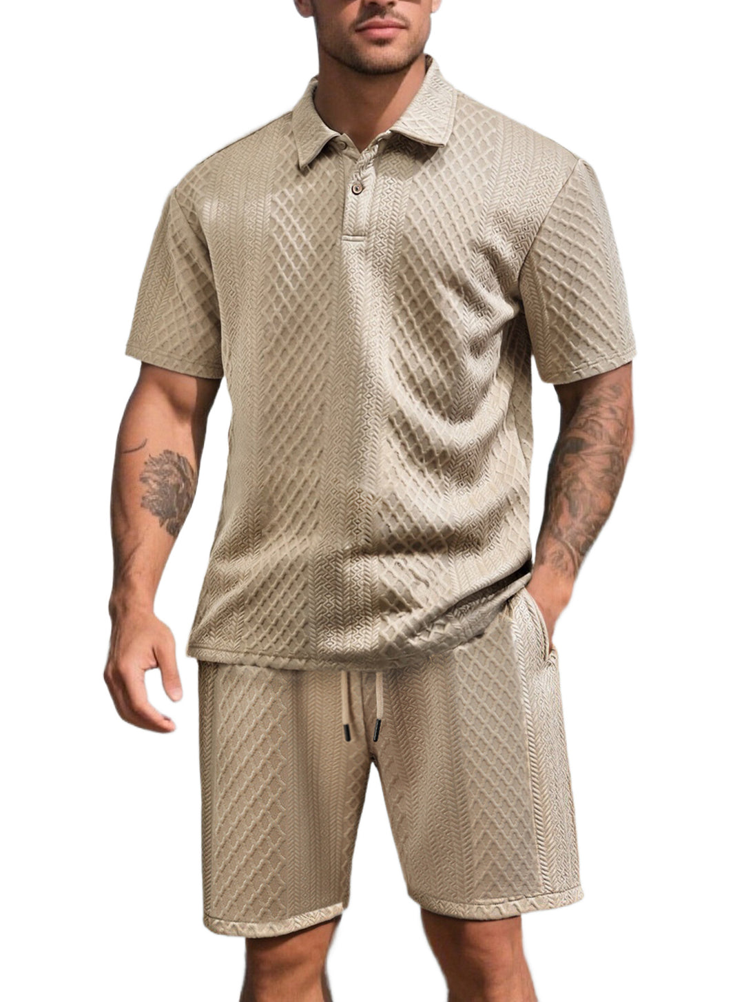 Herren nan dreidimensionales Relief-Freizeit-Set mit Polokragen, verdeckter Knopfleiste und elastischer Tunnelzugshorts Drune