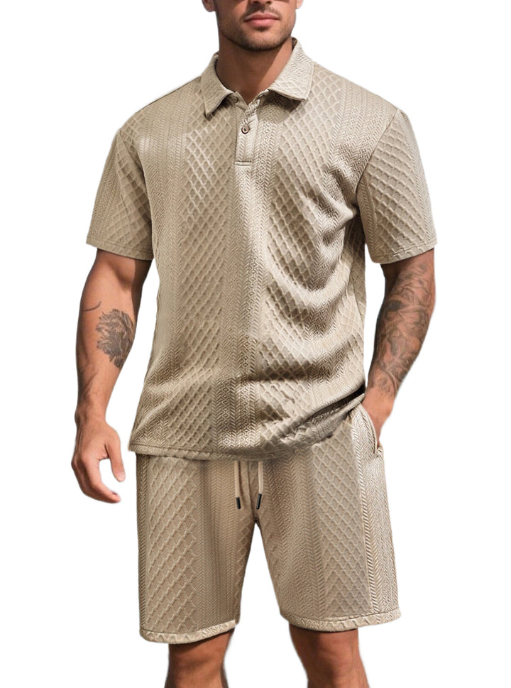 Herren nan dreidimensionales Relief-Freizeit-Set mit Polokragen, verdeckter Knopfleiste und elastischer Tunnelzugshorts Drune