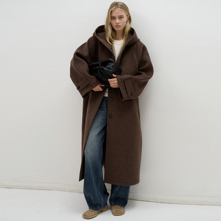 Damen oversized Wollmantel mit praktischer Kapuze Drune
