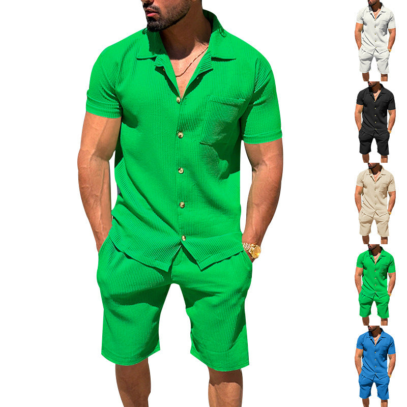 Herren nan lässiges zweiteiliges Freizeitset aus geripptem Jersey mit Hemdkragen Knopfleiste und Shorts Drune