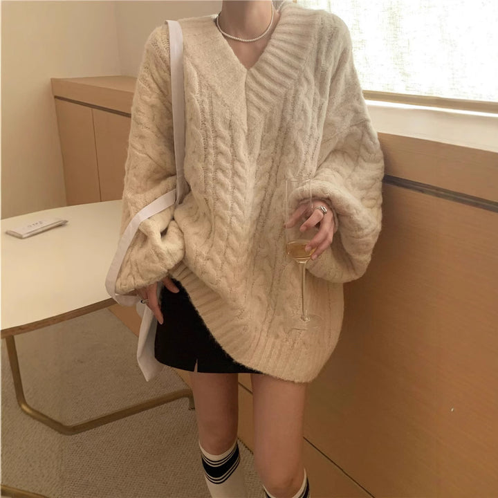 Damen Grobstrickpullover mit voluminösen Ärmeln und V-Ausschnitt Drune