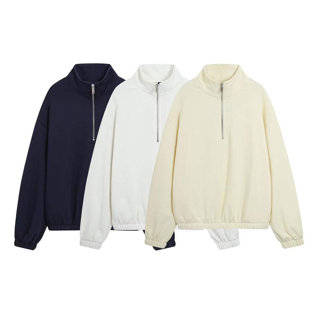 Damen Oversize Pullover mit Halbzip‑Stehkragen, elastischem Saum und überschnittenen Ärmeln Drune