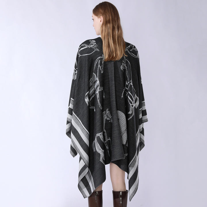 Damen Jacquard-Poncho-Überwurf mit Pferde-Motiv und kastiger Kimono-Silhouette Drune