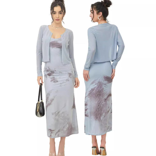 Damen Zweiteiliges Maxikleid-Set mit tailliertem Slipkleid und kurzem Langarm-Cardigan Drune