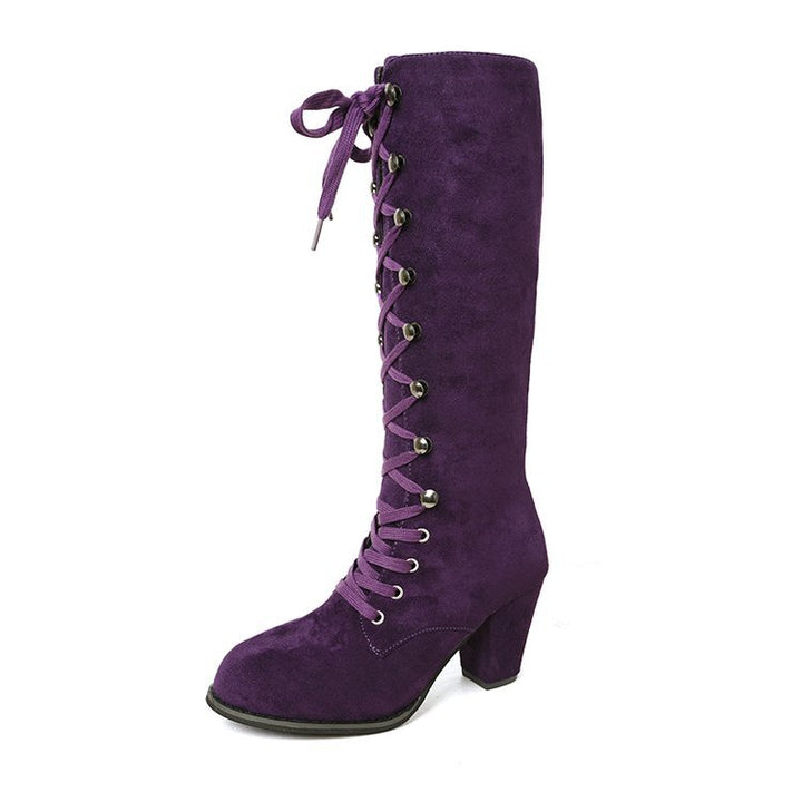 Damen kniehohe Schnürstiefel mit mittelhohem Blockabsatz und Vintage‑Wildlederoptik Drune