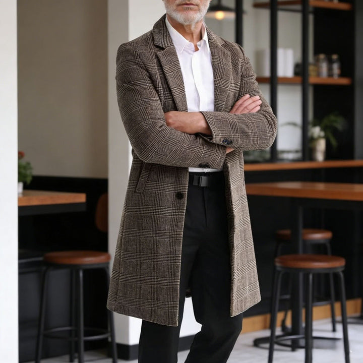 Herren Wollblendmantel im Glencheck mit schlanker langer Silhouette Drune