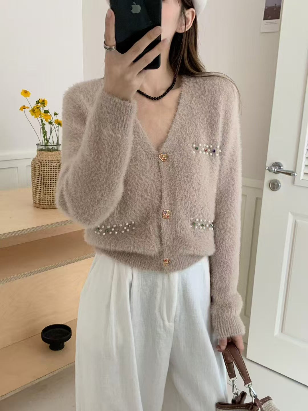 Damen Verspielter V-Ausschnitt Cardigan mit Perlen Drune