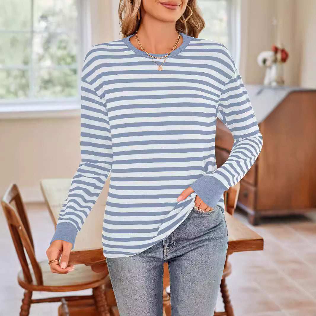 Damen bequemes Langarmshirt mit gestreiftem Design und Rundhalsausschnitt Drune