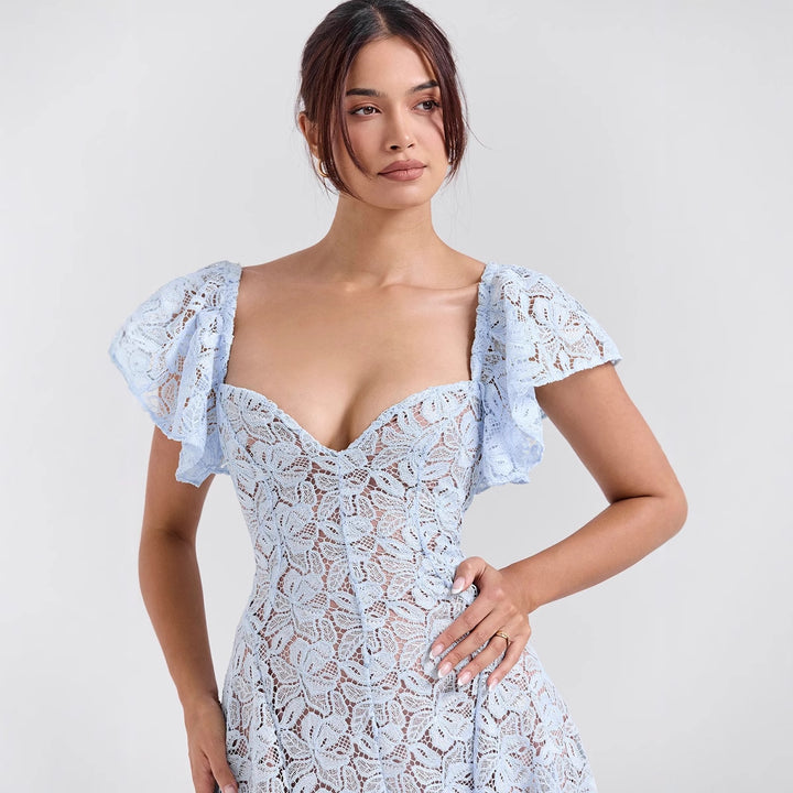 Damen Spitzenkleid mit voluminösen Rüschärmeln und ausgestelltem Rock Drune