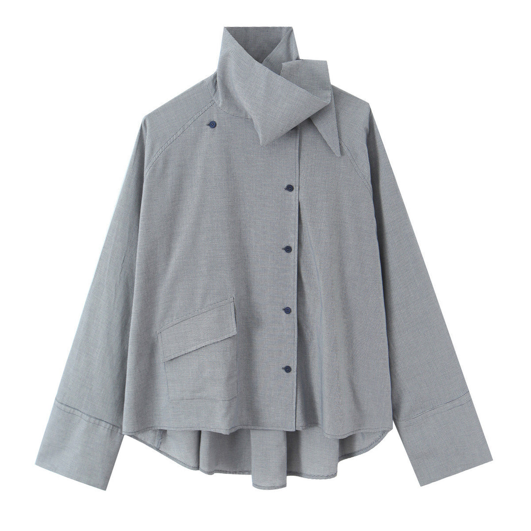Damen Oversize-Bluse mit hohem Schalkragen und asymmetrischer Knopfleiste Drune