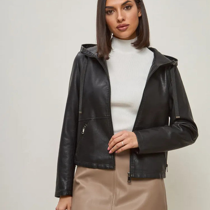Damen modische Kunstlederjacke mit Kapuze und Reißverschlusstaschen Drune