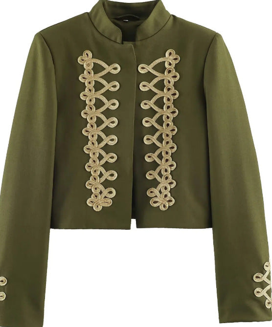 Damen Cropped Militärjacke mit Stehkragen und dekorativen Zierkordeln Drune