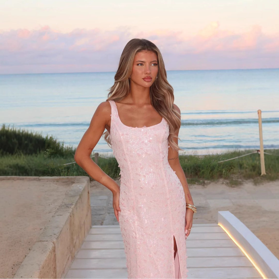 Damen Glamouröses Pailletten-Abendkleid mit seitlichem Schlitz und figurbetontem Schnitt Drune