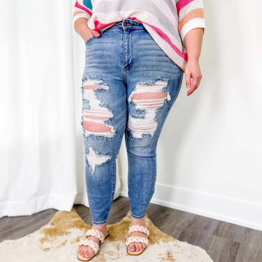 Damen High-Waist Destroyed Jeans im Boyfriend-Stil Drune