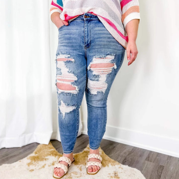 Damen High-Waist Destroyed Jeans im Boyfriend-Stil Drune