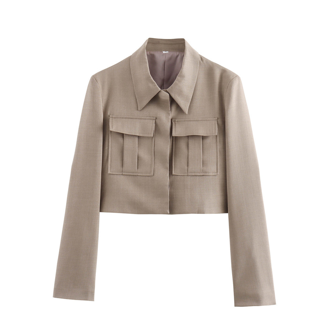 Damen nan kurz geschnittene Cropped-Hemdjacke mit Hemdkragen und aufgesetzten Pattentaschen Drune
