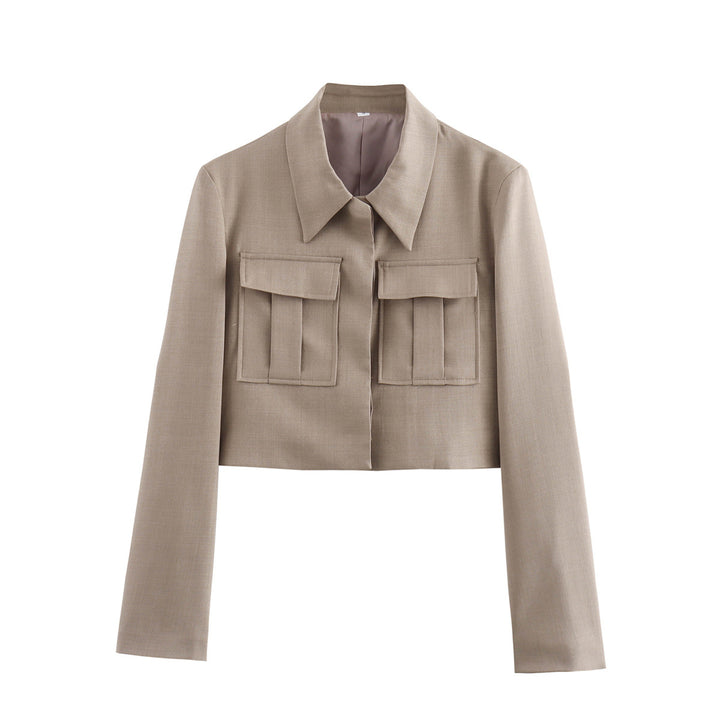 Damen nan kurz geschnittene Cropped-Hemdjacke mit Hemdkragen und aufgesetzten Pattentaschen Drune