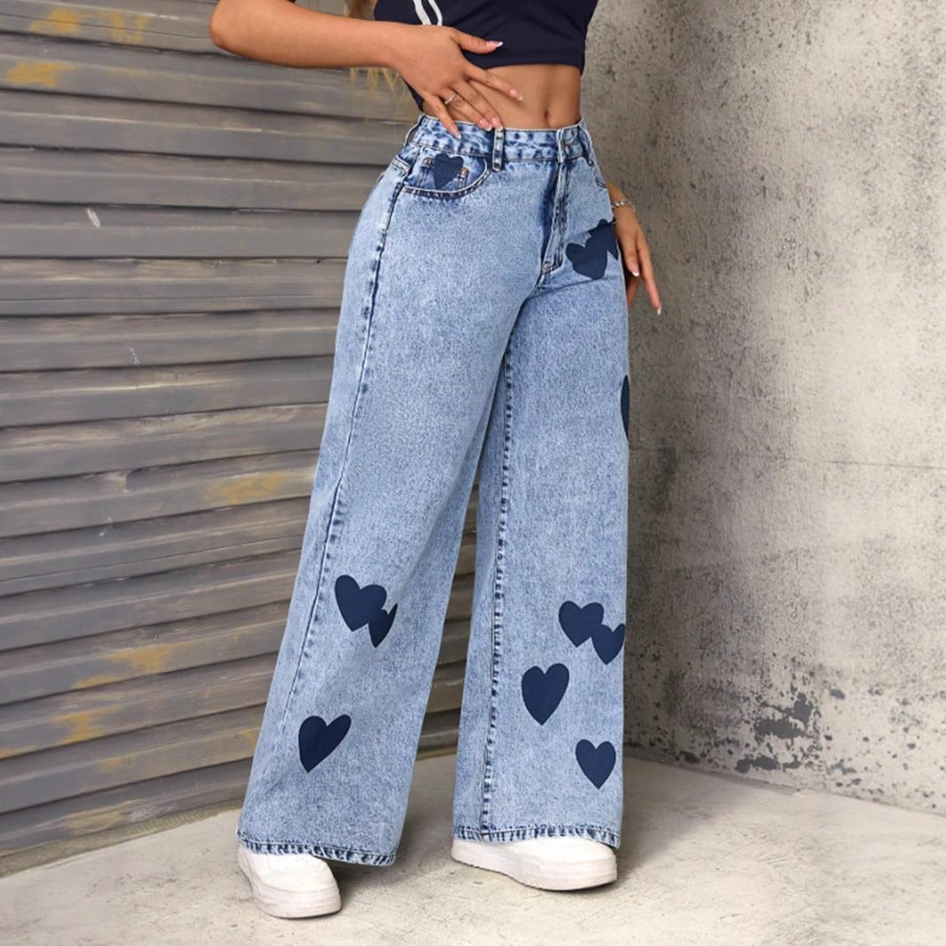 Damen weite Jeans mit Herzen-Applikationen Drune