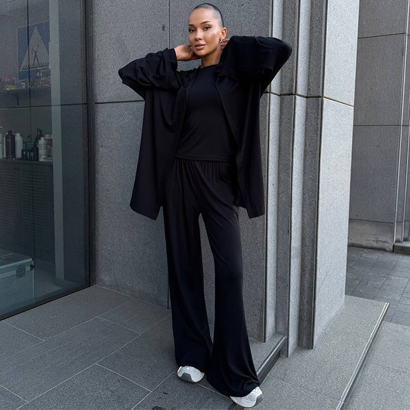Damen elegante Loungewear-Kombination mit Kapuze und weitem Schnitt Drune