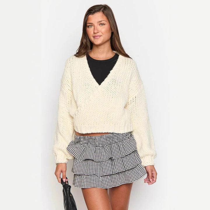 Damen modischer Wickelpullover mit tiefem V-Ausschnitt und voluminösen Ärmeln Drune