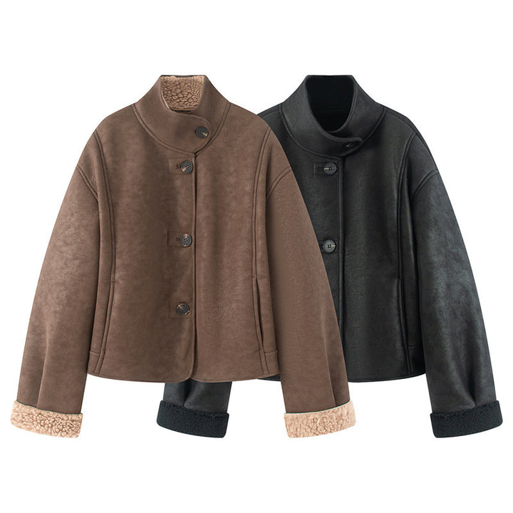Damen nan kurze Lammfelloptik-Jacke mit hohem Stehkragen und geknöpfter Front Drune