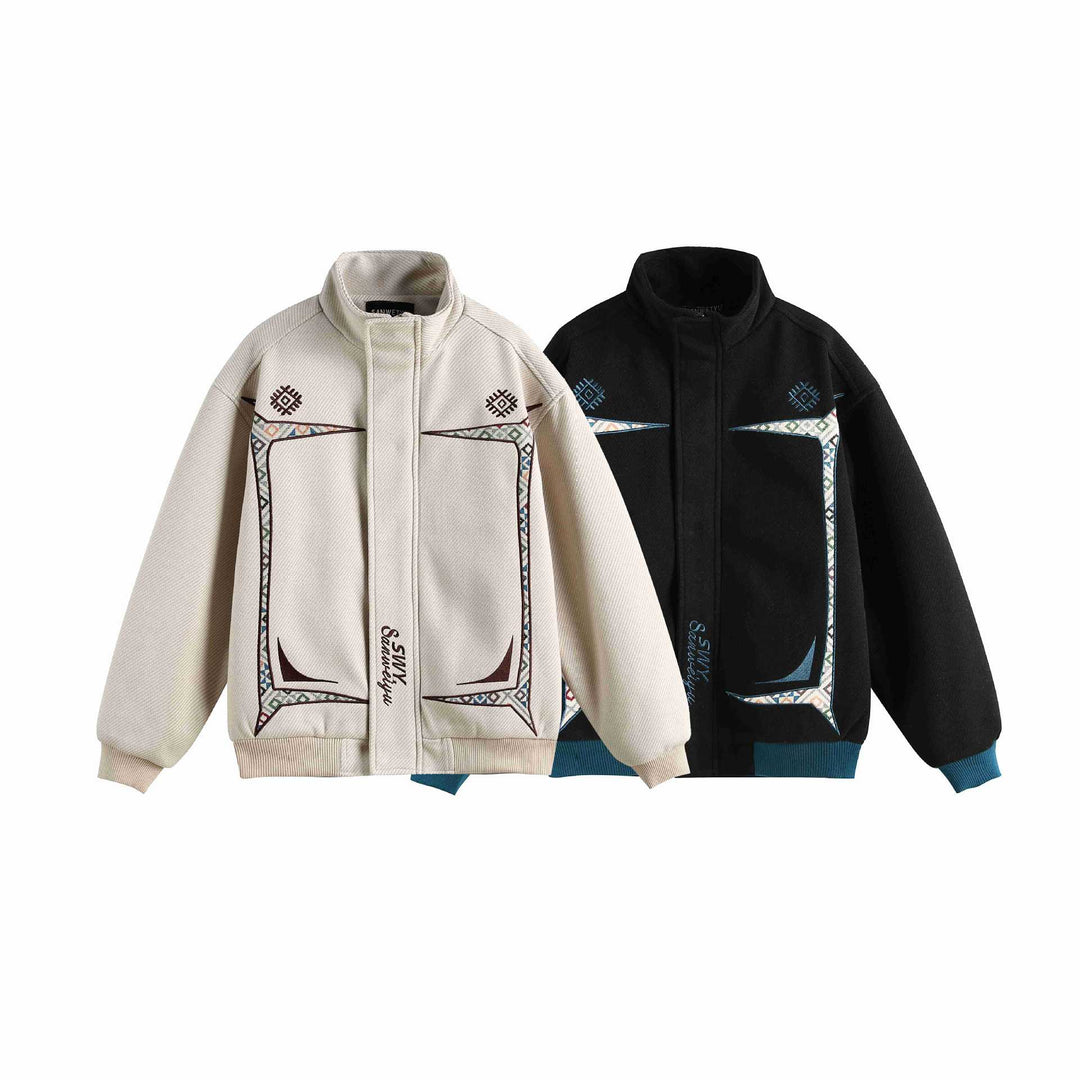Damen Leichte Stehkragen-Jacke mit folkloren Stickapplikationen und gerippten Bündchen Drune